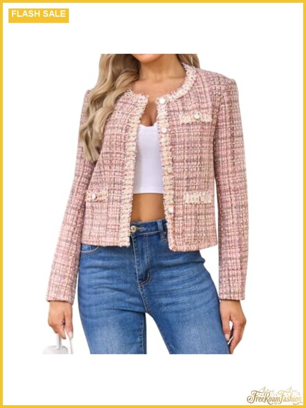 Women's Tweed Blazer Cropped Long Sleeve Collarless Plaid Jacket